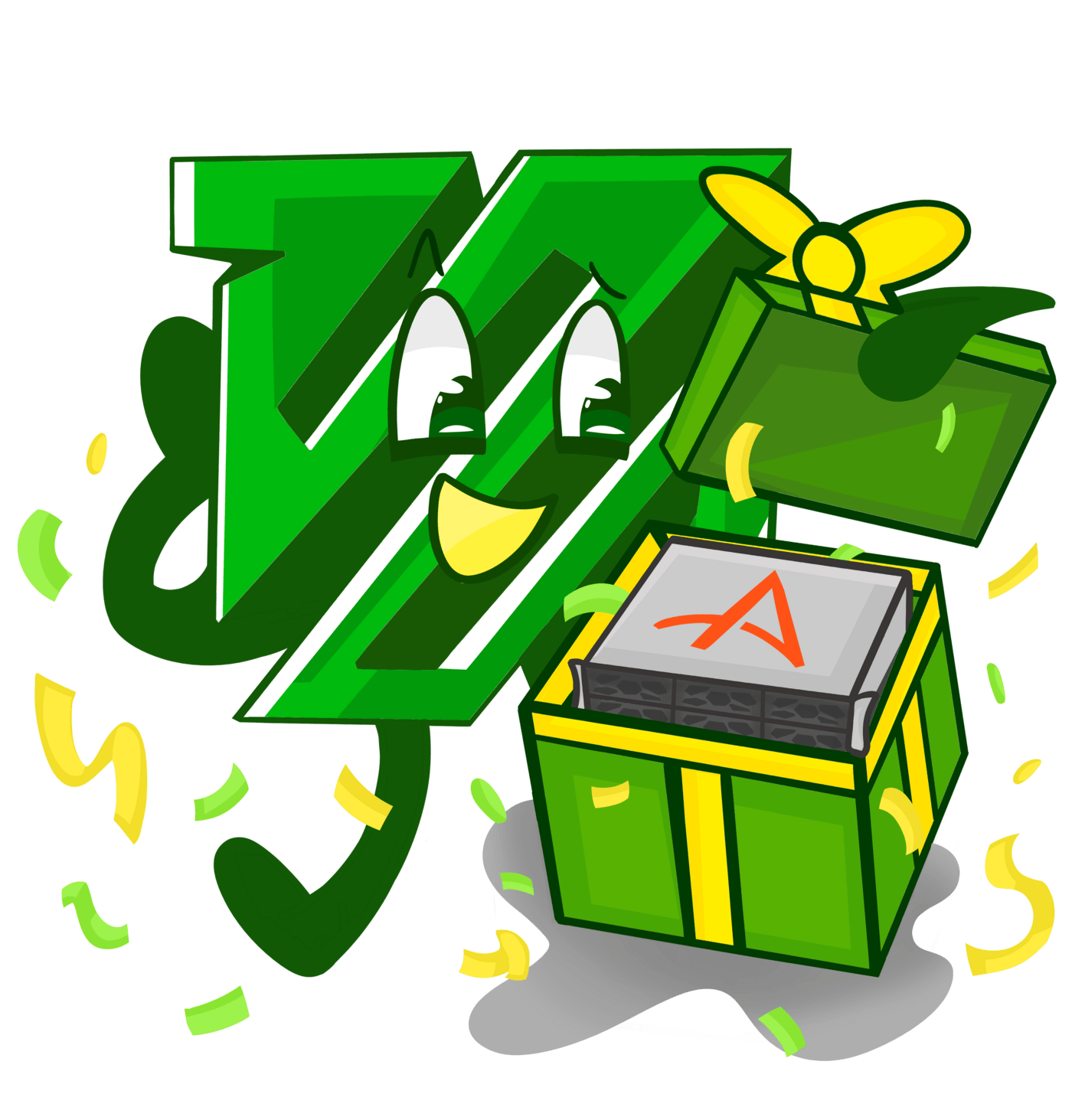 Artwork by Dascha: the FFmpeg logo opening a gift box containing an Ampere server
